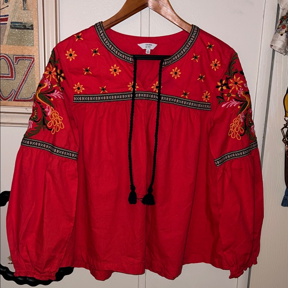 Crown & Ivy Red Embroidered Blouse